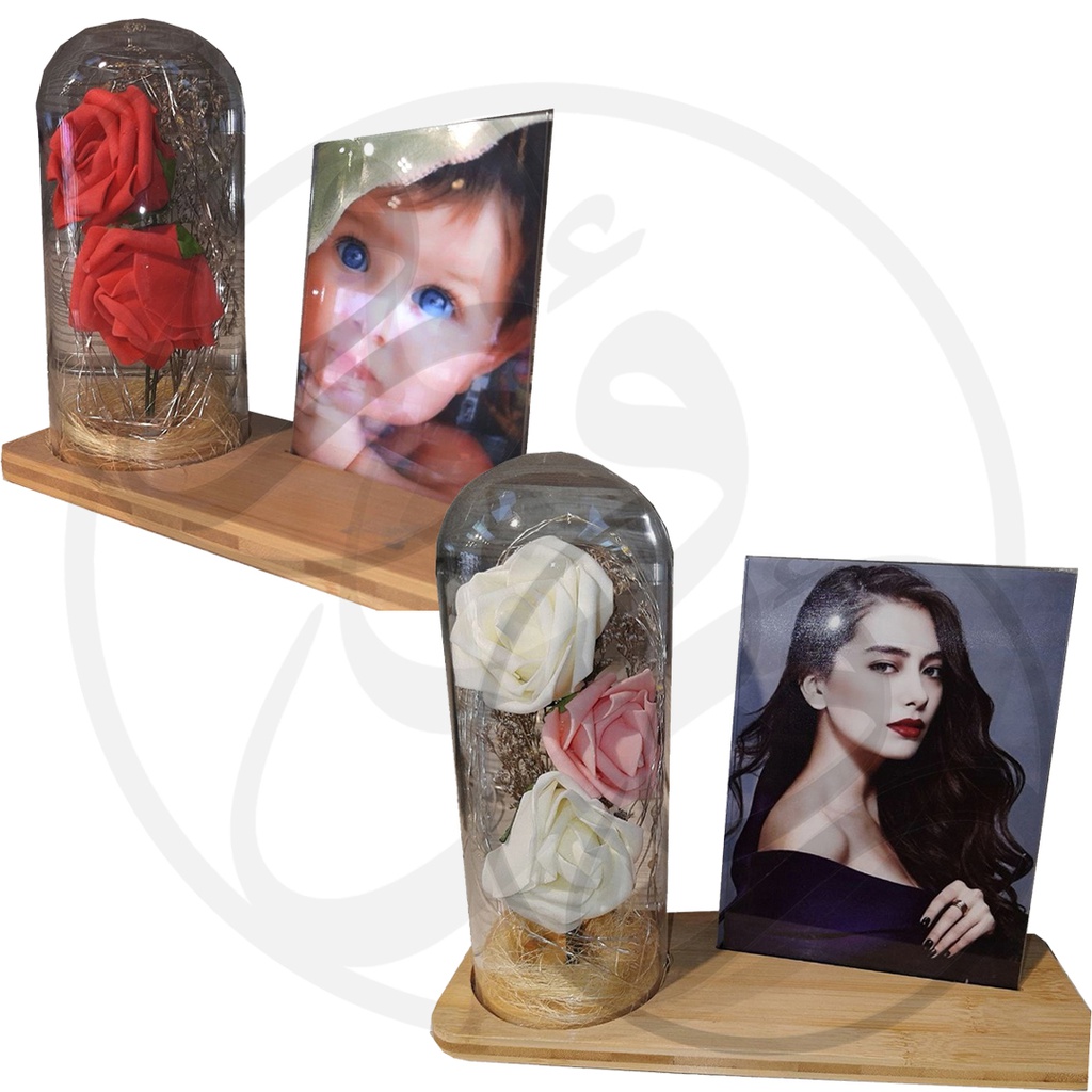 Glass Photo Frame Lighting / اطار صور زجاجي كبير مع قارورة ورد واضاءة