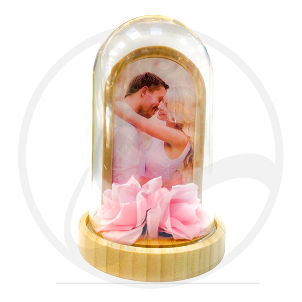 Picture Bottle Flower - battery / اطار صور مستطيل ومقوس من الاعلى داخل قارورة ورد قاعدة خشب