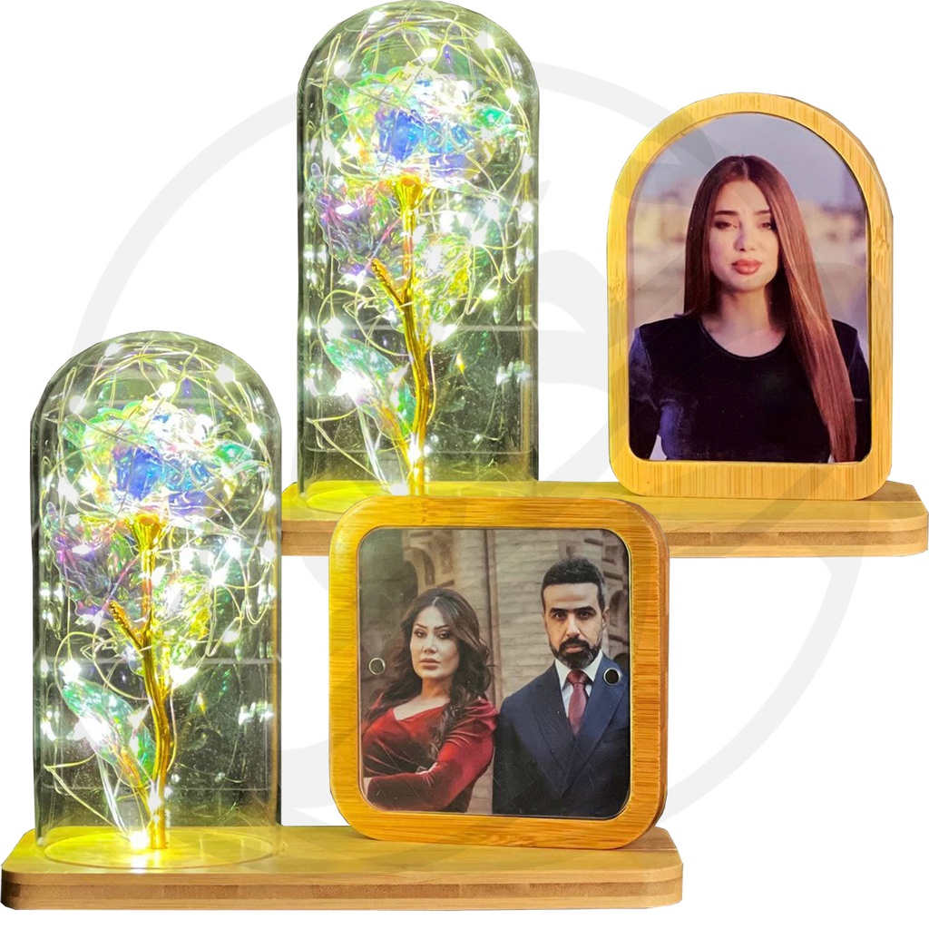 Wooden LED Photo Frame / اطار صور خشبي اشكال مع قارورة ورد واضاءة