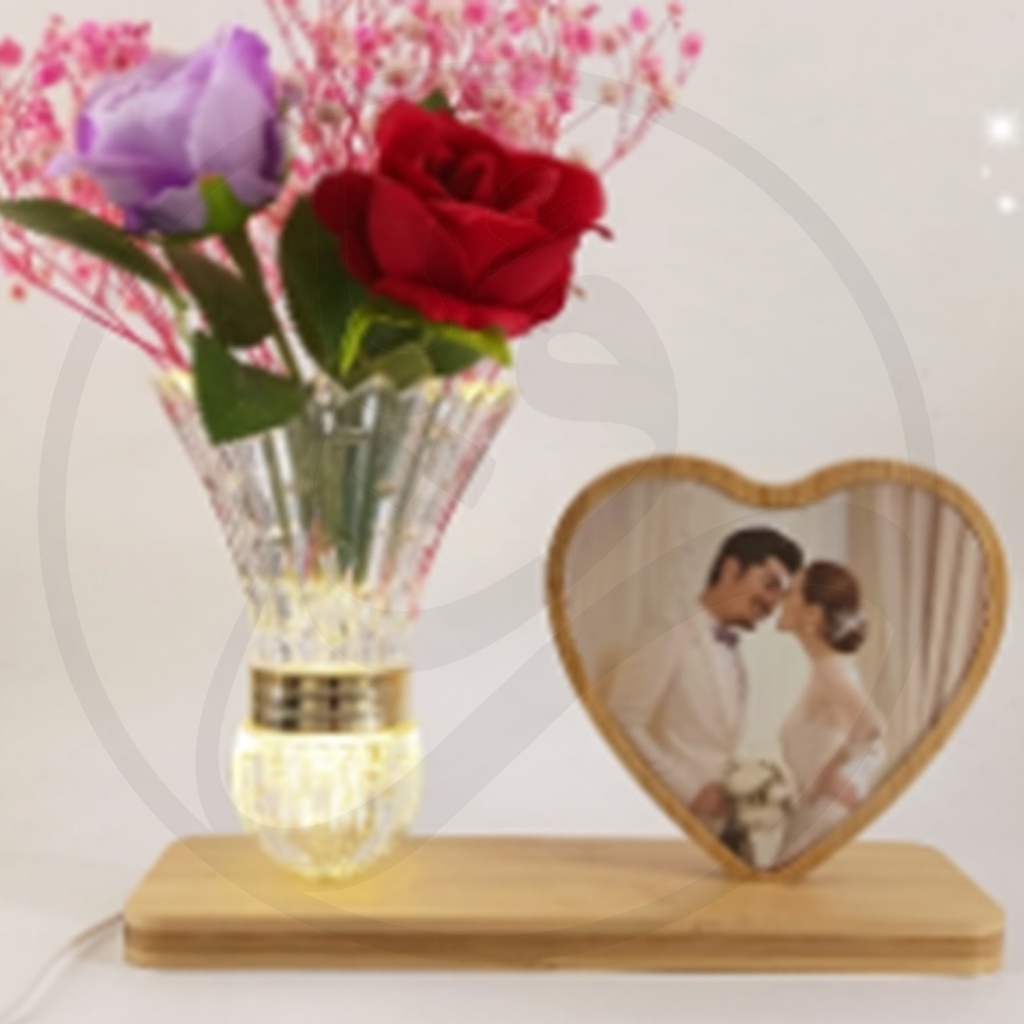 Wooden photo frame of shapes with a rose vase/اطار صور خشبي اشكال مع مزهرية ورد